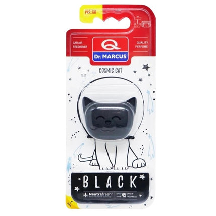 Dr Marcus Cosmic Cat Lufterfrischer für das Auto in Originalverpackung. Lustiges Katzengesicht in schwarz.