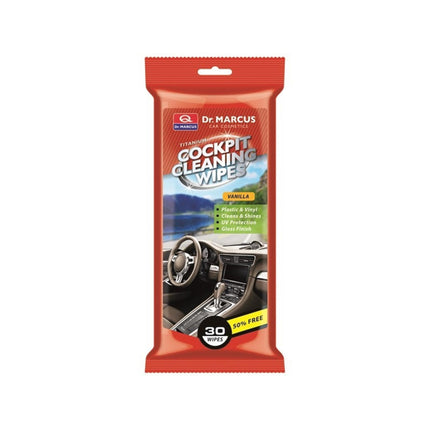 Cockit-Reinigungstücher von Dr. Marcus in praktischer Flachverpackung. Hinterlassen streifenfreien Glanz auf dem Armaturenbrett und eine sanfte Vanille-Note.