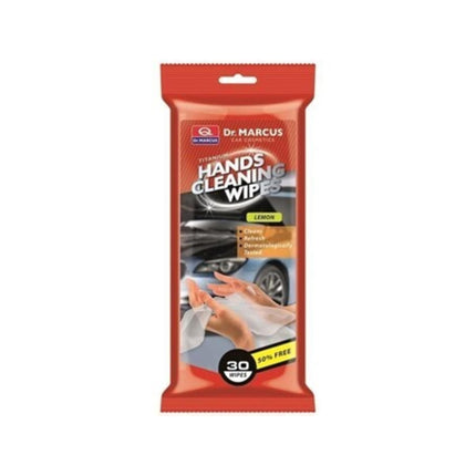 Praktische Handreinigungstücher von Dr. Marcus. Entfernen Schmutz und Fett zuverlässig. Mit frische, Citrus-Duft.