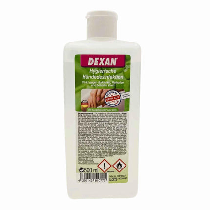 DEXAN Hände-Desinfektion mit hautpflegender Aloe Vera – 500ml weiche Pflege für Ihre Hände ( Ethanol )